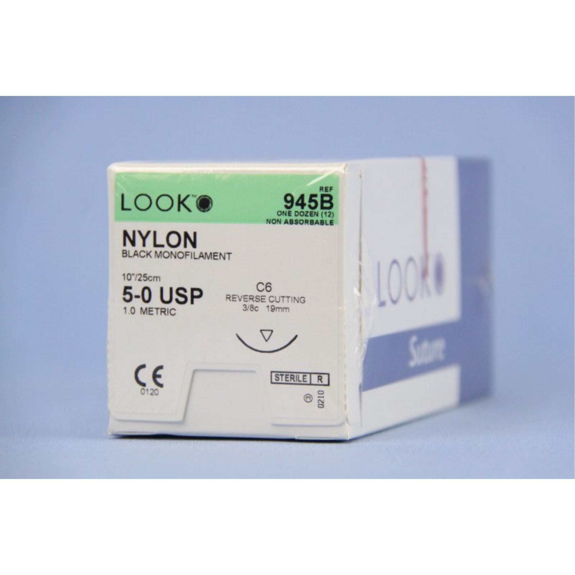 Nylon Suture with C6 Needle (RC), 18 mm 3/8 Circle, Black Monofilament, 10