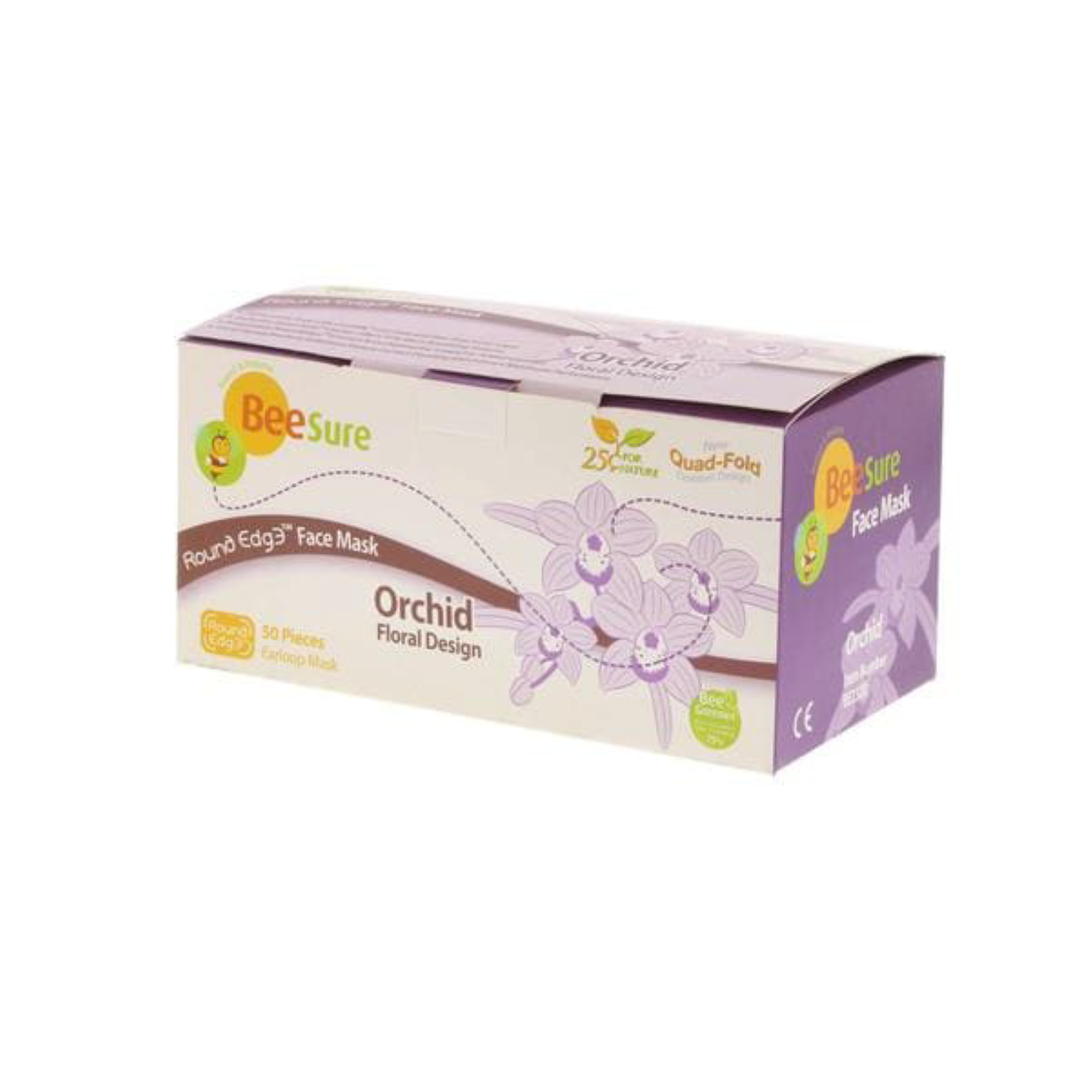 BeeSure Earloop Face Mask, ORCHID Printed Floral Design. 3-ply, 4-fold ear-loop ASTM Level 2