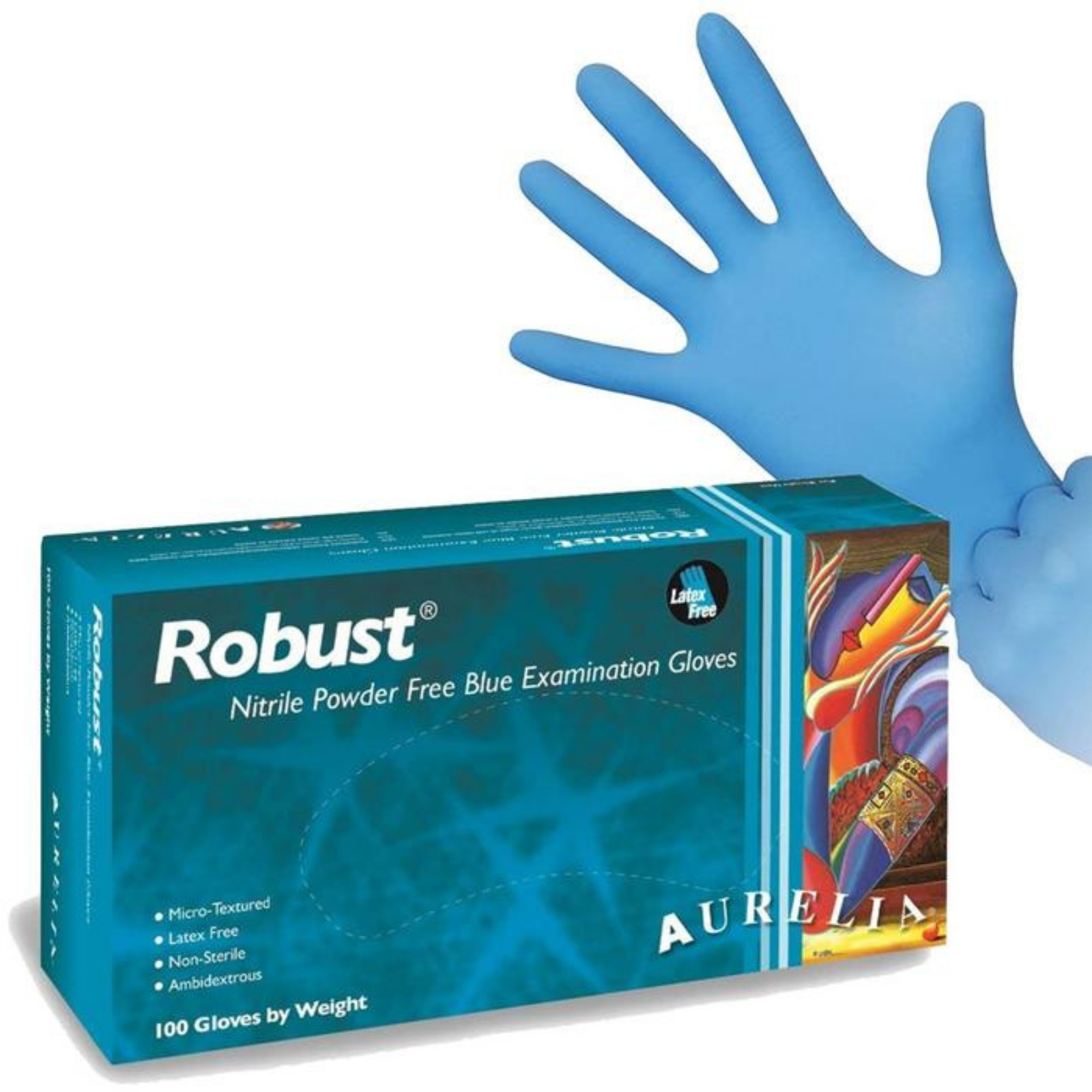 Aurelia Robust Nitrile Examination Gloves, Powder-Free, Large, Blue, 100/Box