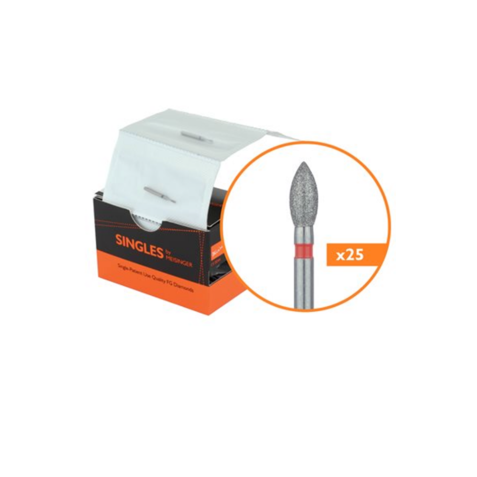 Meisinger Single-Use Sterile Diamond Burs, FG, Pointed Football, # 1923F, 2.3 mm, Fine, Red, 25/Pk