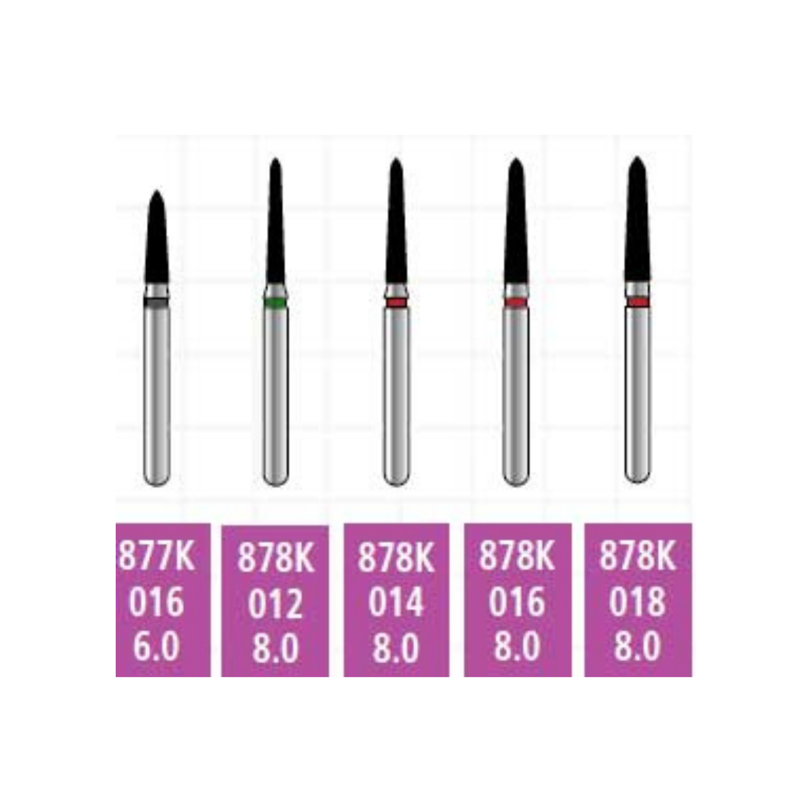 Alpen x1 Sterile Single-Use Diamond Burs, FG, Curettage/Pointed Taper, # 878K, 1.4 mm, Coarse, Green, 25/Pk, X878KC014