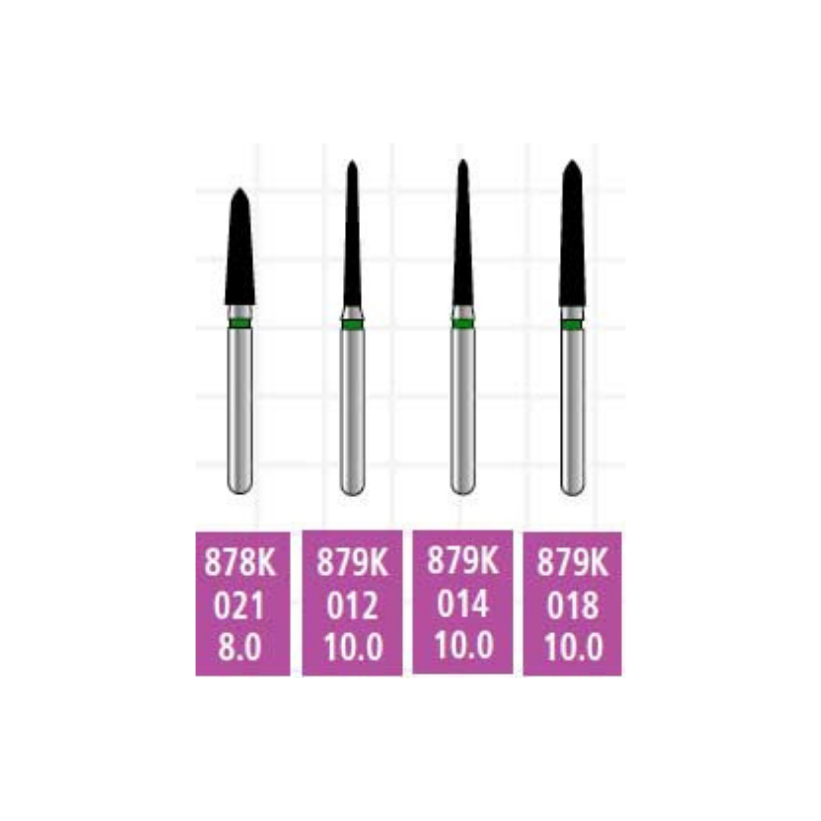 Alpen x1 Sterile Single-Use Diamond Burs, FG, Curettage/Pointed Taper, # 879K, 1.4 mm, Coarse, Green, 25/Pk, X879KC014