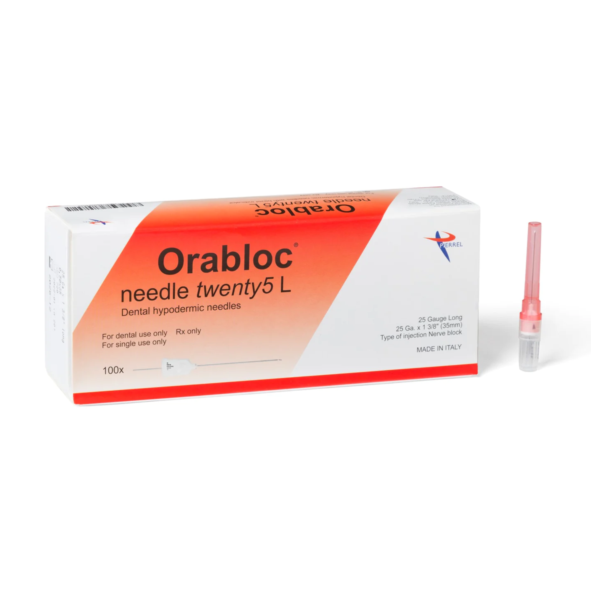 Orabloc Plastic Hub Dental Needles 25G Long 100/Box Red