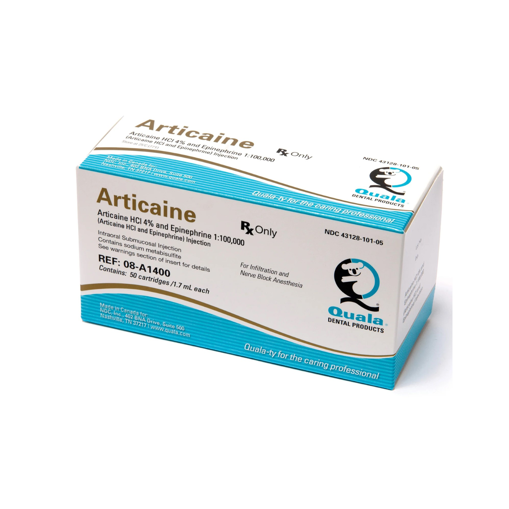 Quala Articaine, HCl 4% and Epinephrine, 1:100,000, 50/bx, 08-A1400