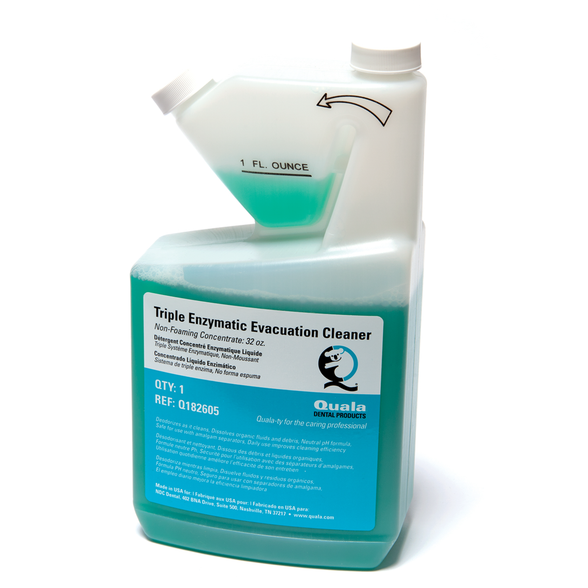 Quala - Enzymatic Evacuation Cleaner, 32 oz Concentrate Metered Dose Tip & Measure Bottle