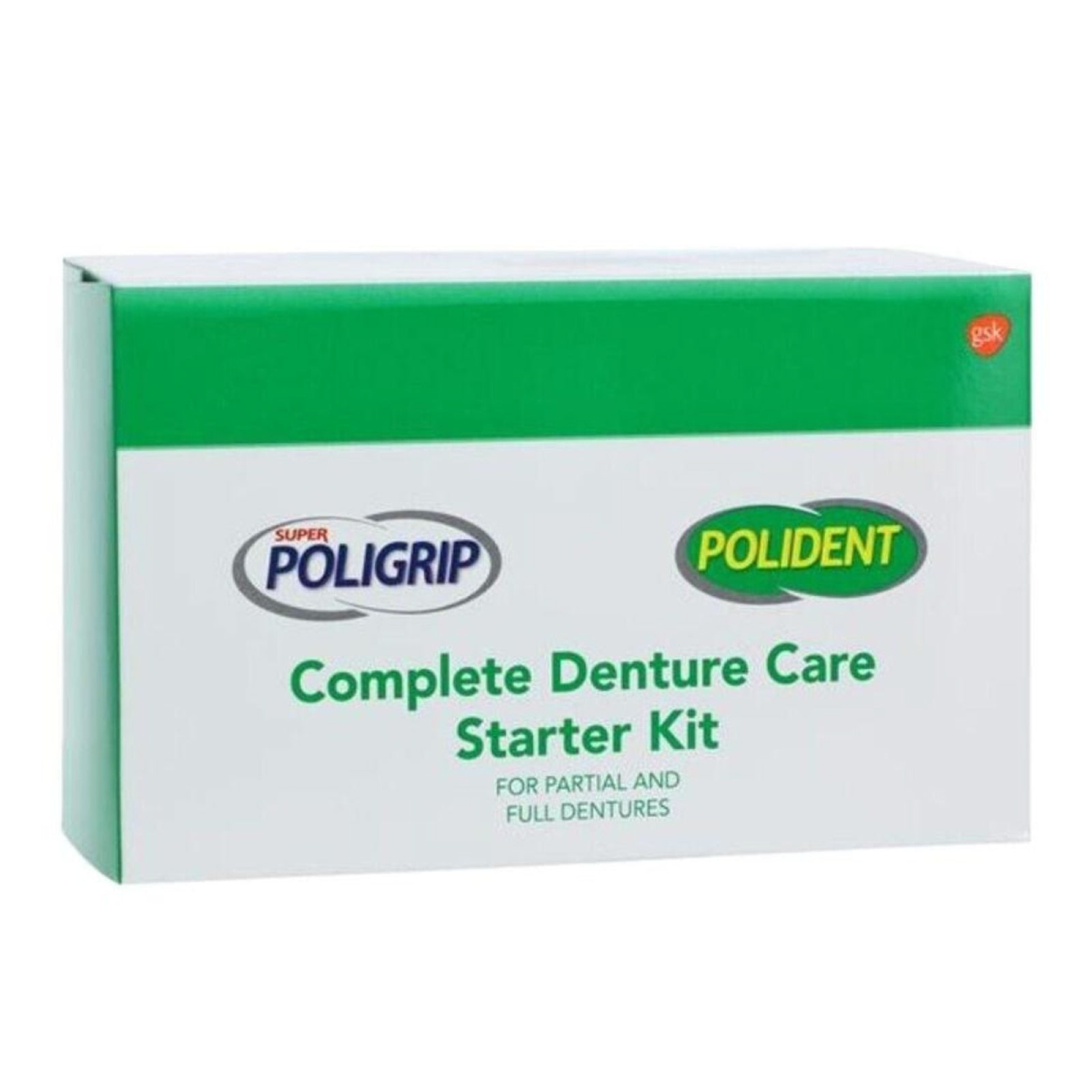 Complete Care Starter Kit includes Poligrip Power Max Hold + Seal (0.3 oz. tube), Polident 3 Minute Denture Cleanser Tablets (6ct), Polident Denture Brush, and Product Information Card, 12/cs