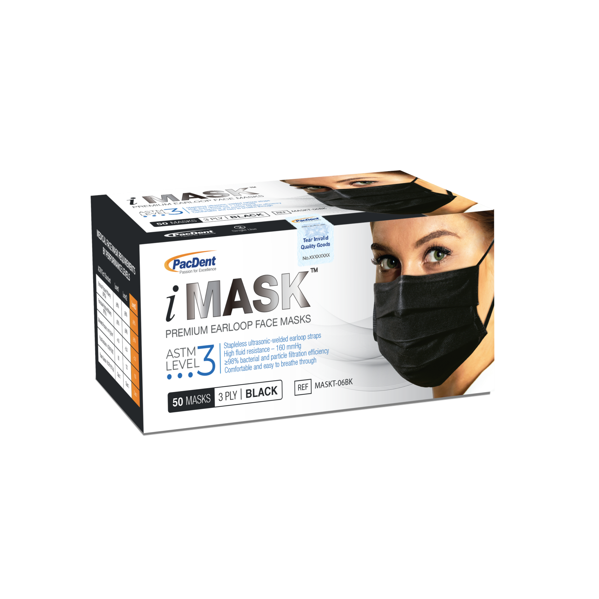 iMask Premium Ear-Loop Masks ASTM Level 3, Black, 50/Box
