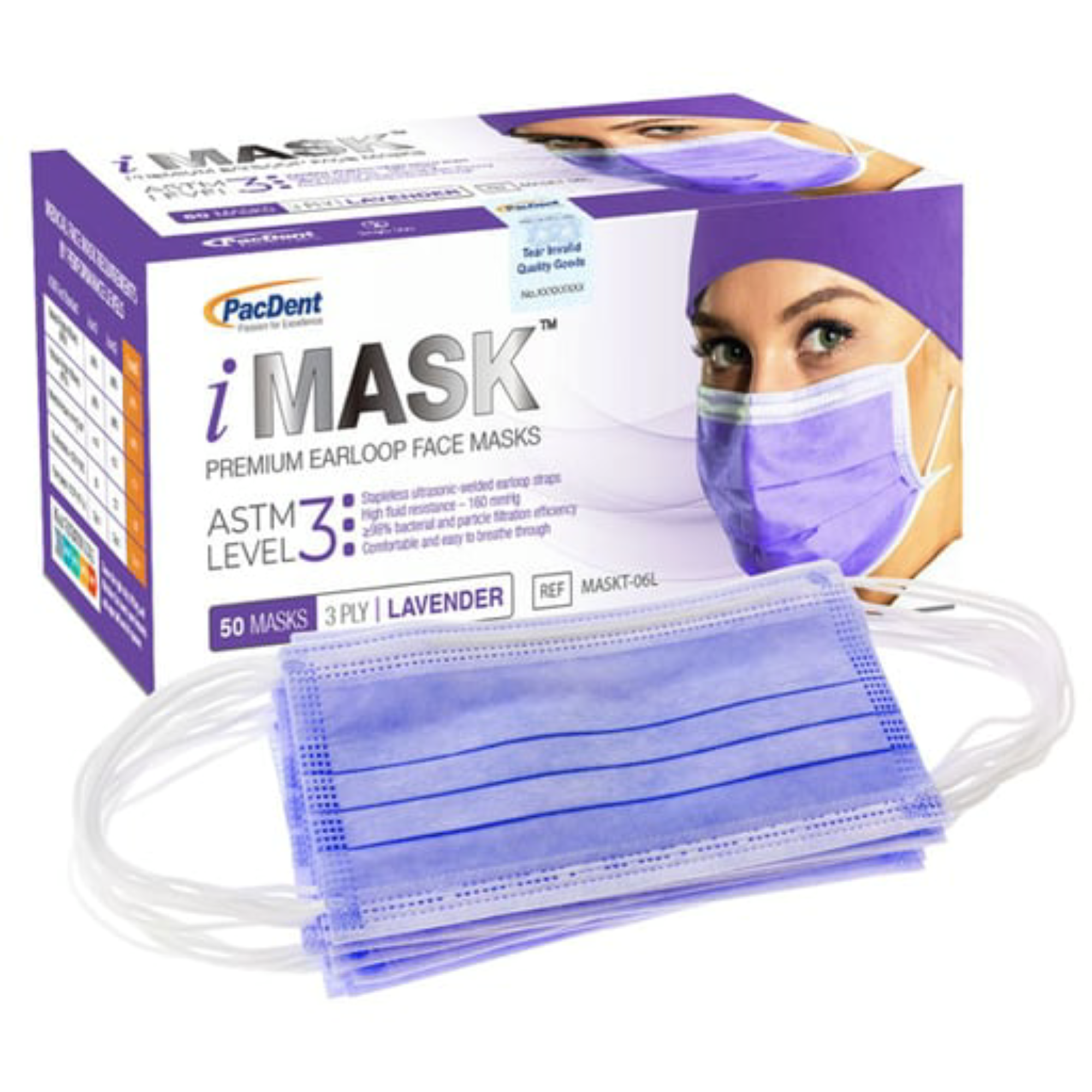 iMask ASTM Level 3 Ear-Loop Masks, Lavender, 50/Box