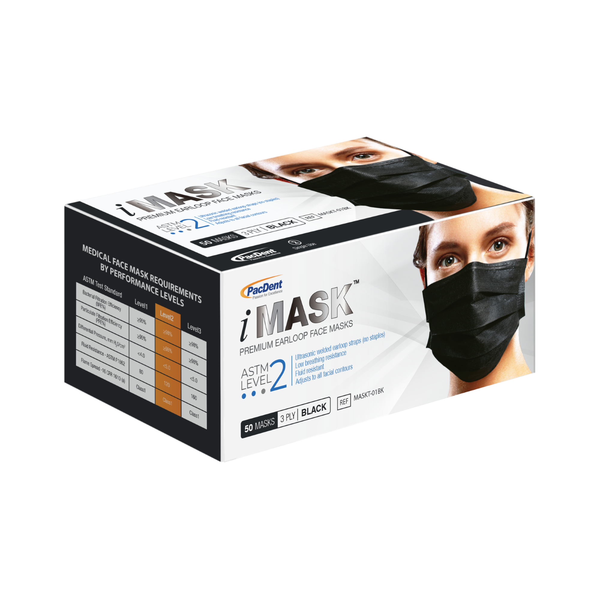 iMask Premium Ear-Loop Masks ASTM Level 2, Black 50/Box