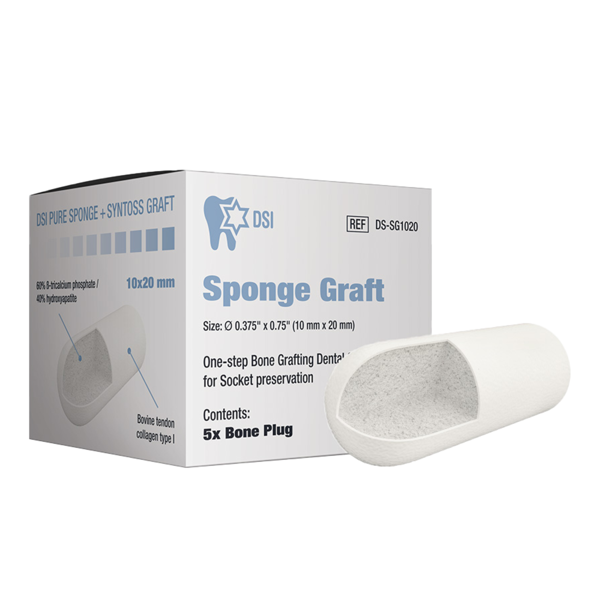 Sponge Graft Collagen Plug With Bone Sterile, 10Mm x 20Mm, 5/Box, Two-Phase Composition, DS-SG1020