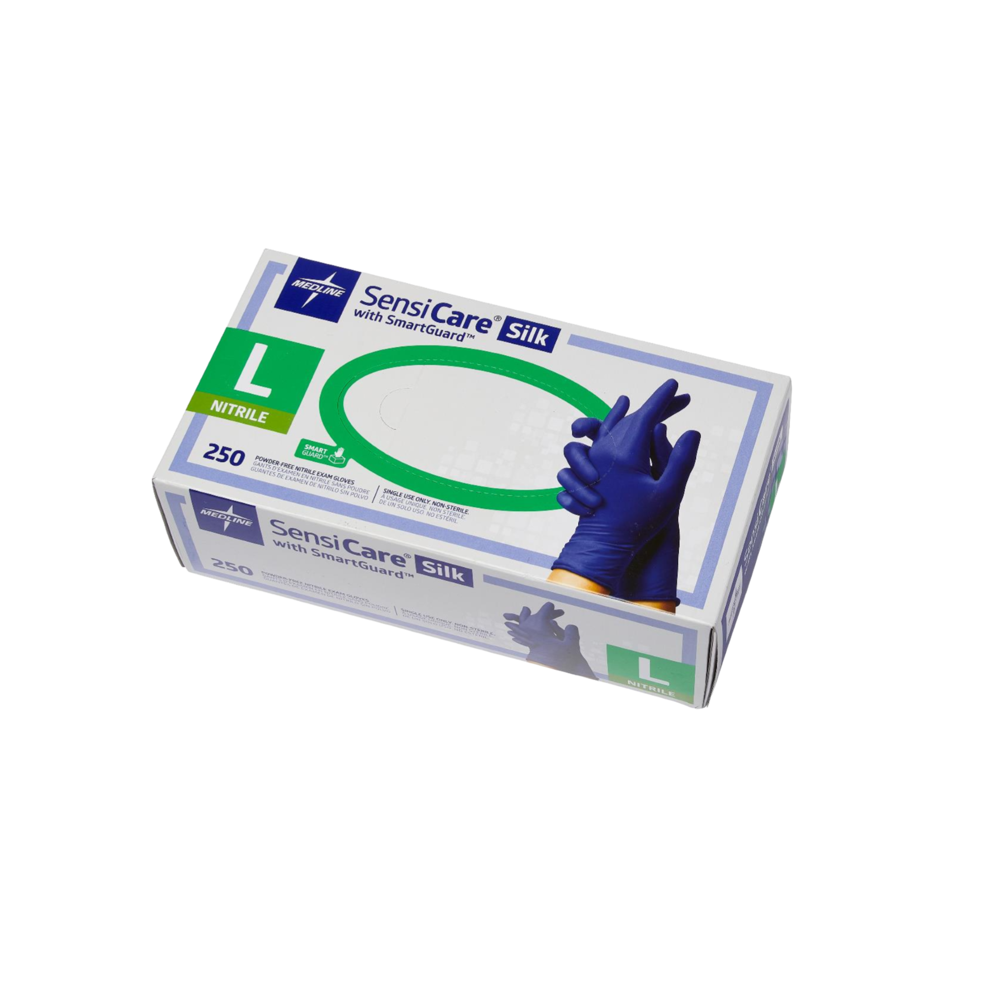 Sensicare Silk Nitrile Exam Gloves, Large 250/box Powder-Free Fingertip-Textured Dark Blue, MDS2586H