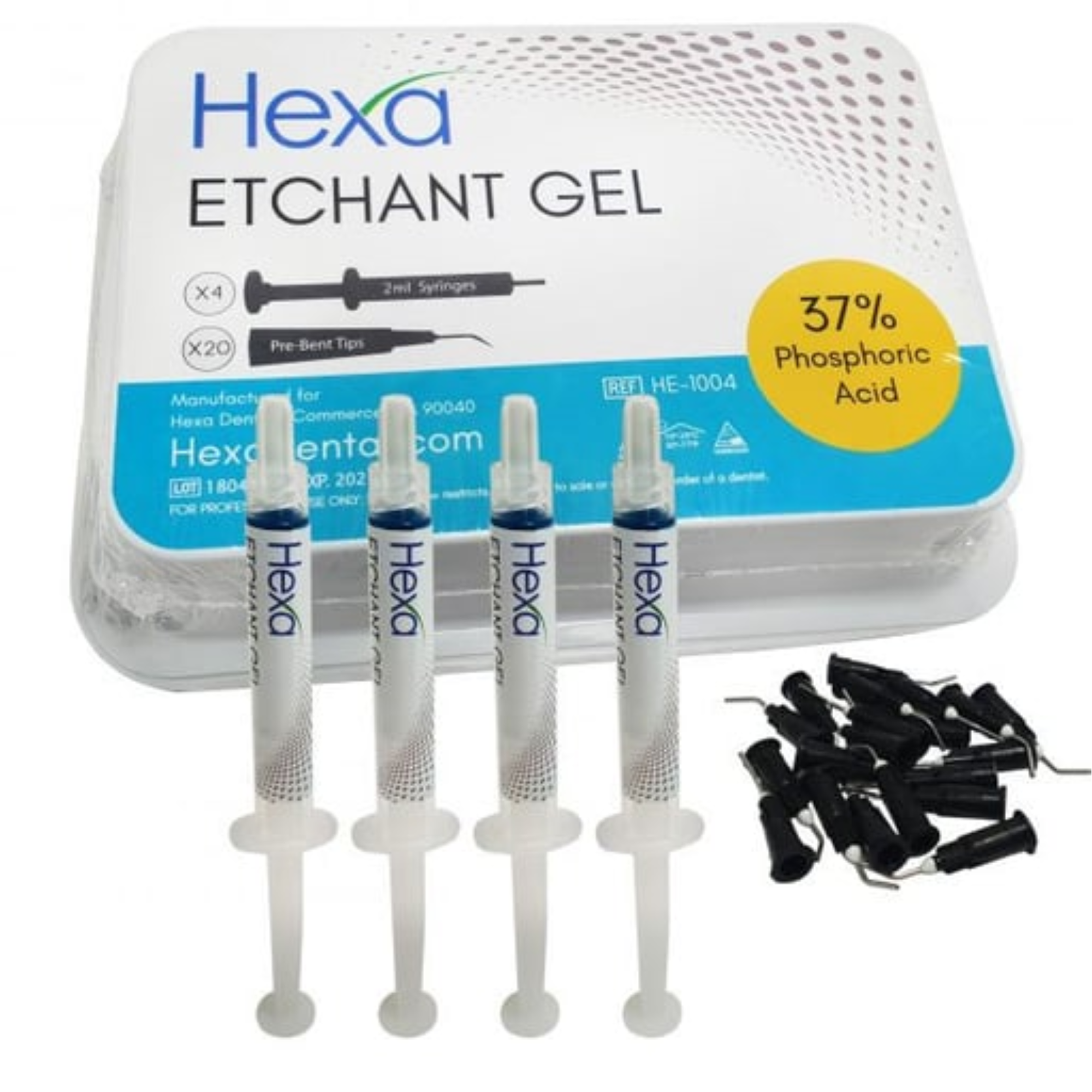 Hexa Etchant Gel 37% Phosphoric Acid Blue. 4 2 Ml syrs & 20 Pre Bent Tips, HE-1004