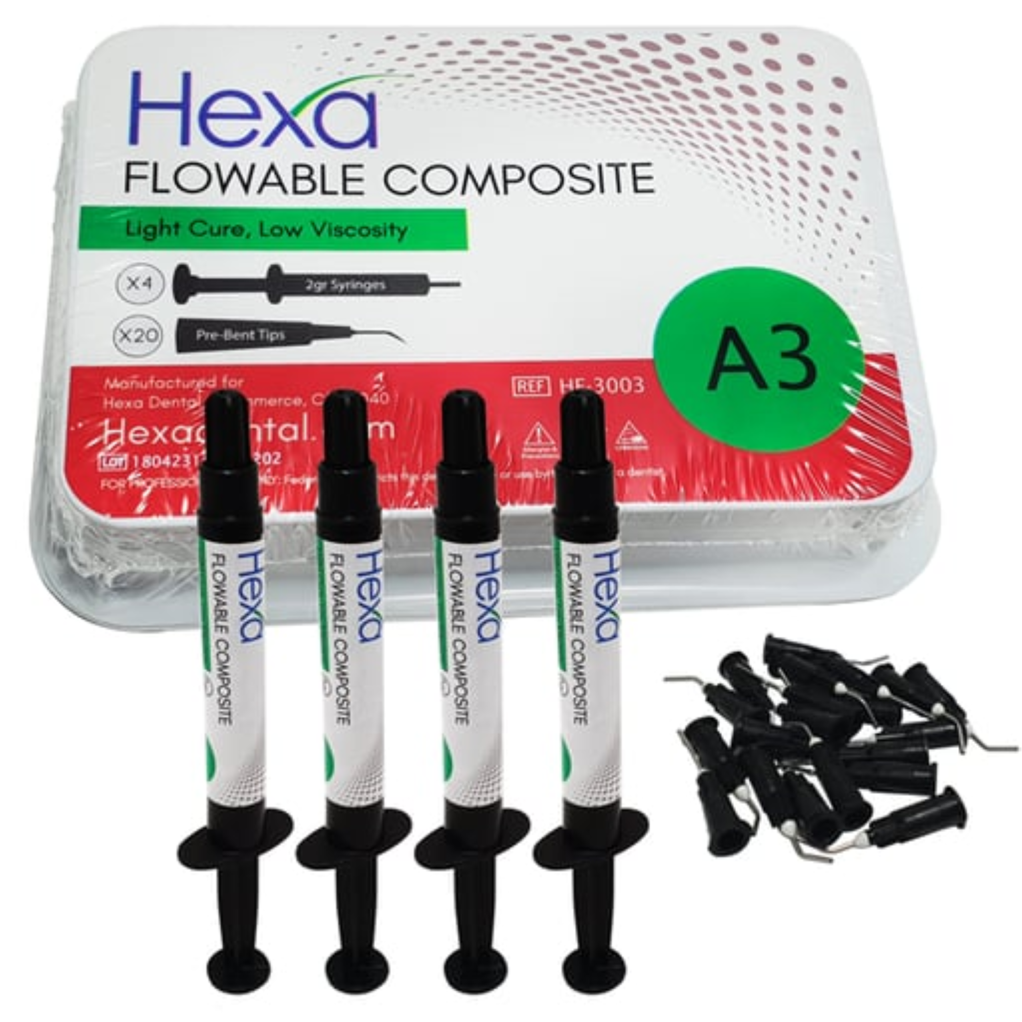 Hexa Flowable Composite A3 4 X 2 Gm syrs & 20 Bent Tips. Light Cure Low Viscosity, HF-3003