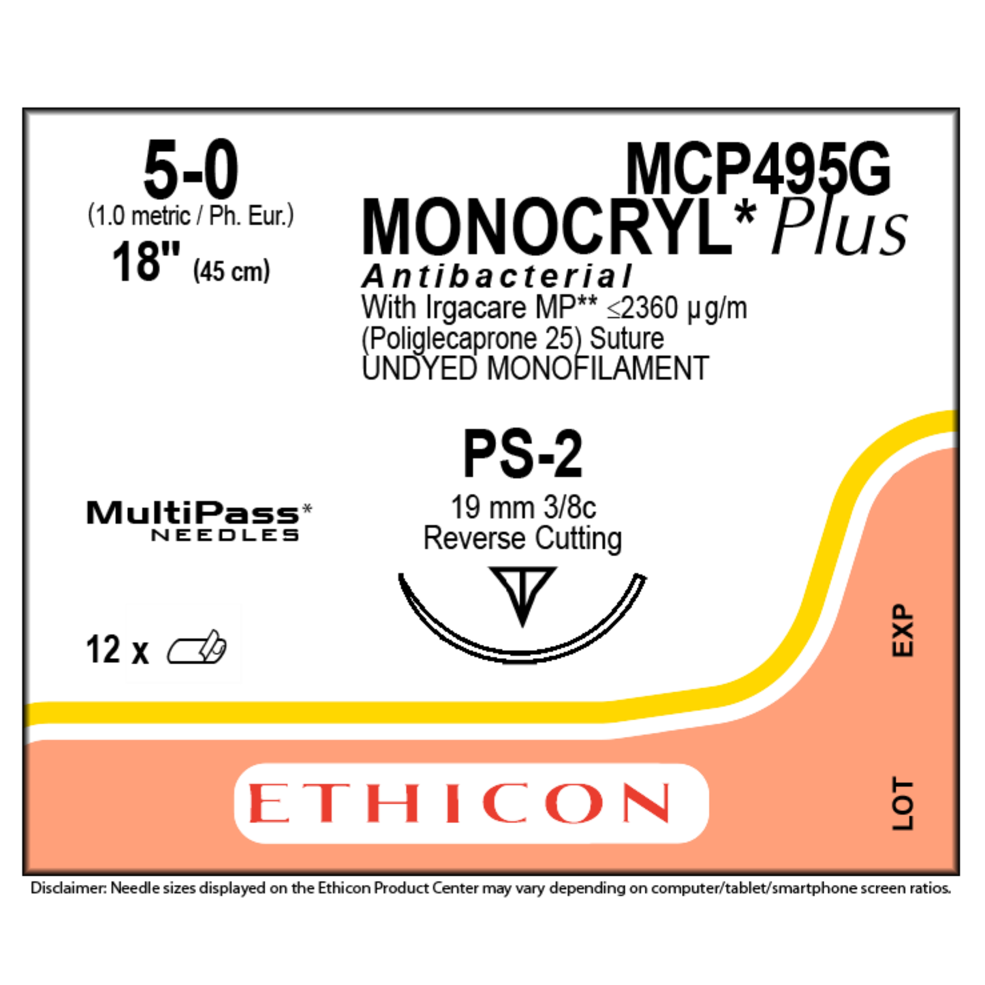 Suture Monocryl Plus PS-2 5/0 18'' 12/Bx, MCP495G