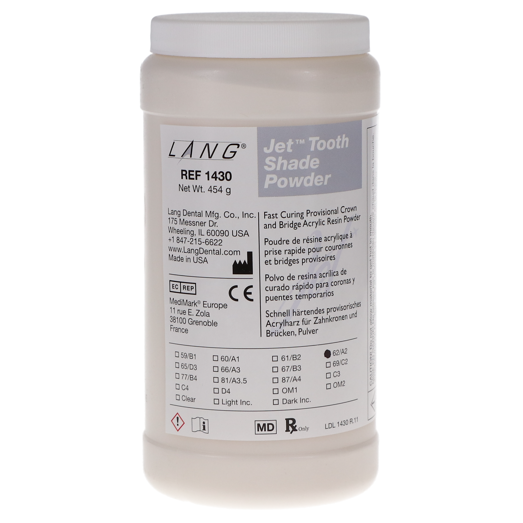 Jet Tooth Shade Temporary C&B Acrylic Resin, Powder, # 62, 16 oz, A2, 1/Pk