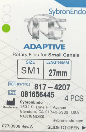 TF Adaptive Nickel-Titanium Rotary Files, 27 mm, SM1, Green, 4/Pk, 8174207