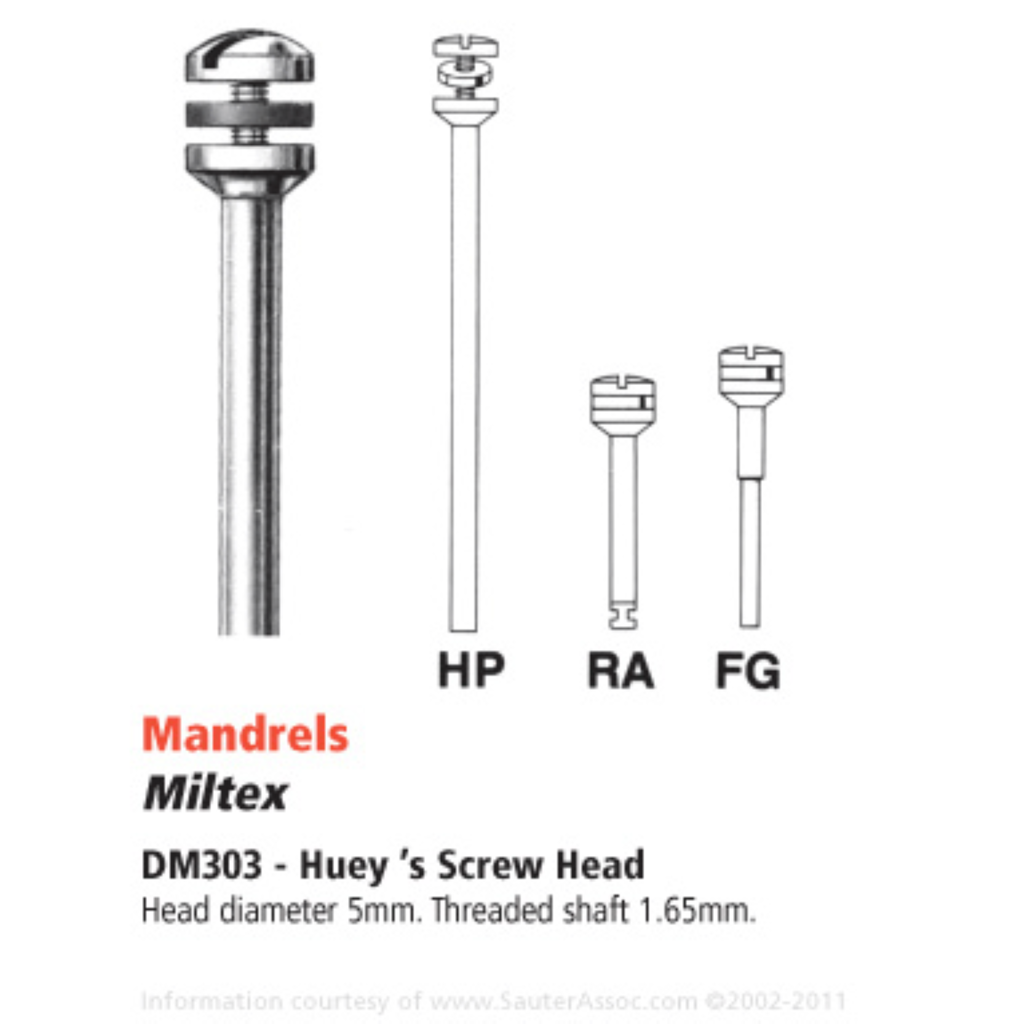 Huey's Screw Head Mandrels, HP, Stainless Steel, # 303, 5 mm, 12/Pk, DM303HP