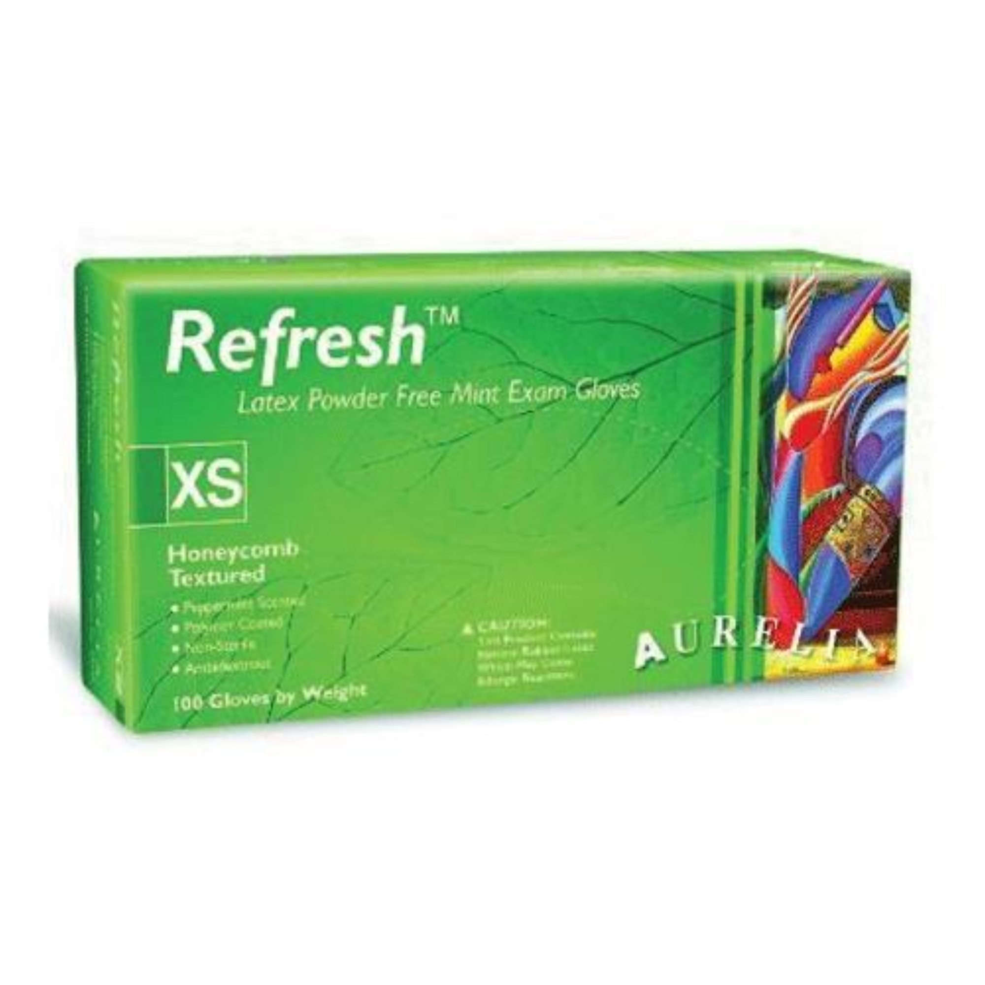 Aurelia Refresh Examination Latex Gloves, Honeycomb Textured, Powder-Free, Extra Small, Peppermint, 100/Box