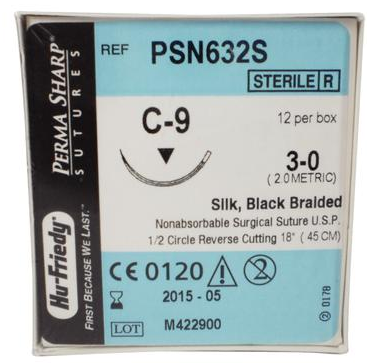 Perma Sharp Suture, Black Braided Silk, Non-Absorbable, C-9, 3-0, 18