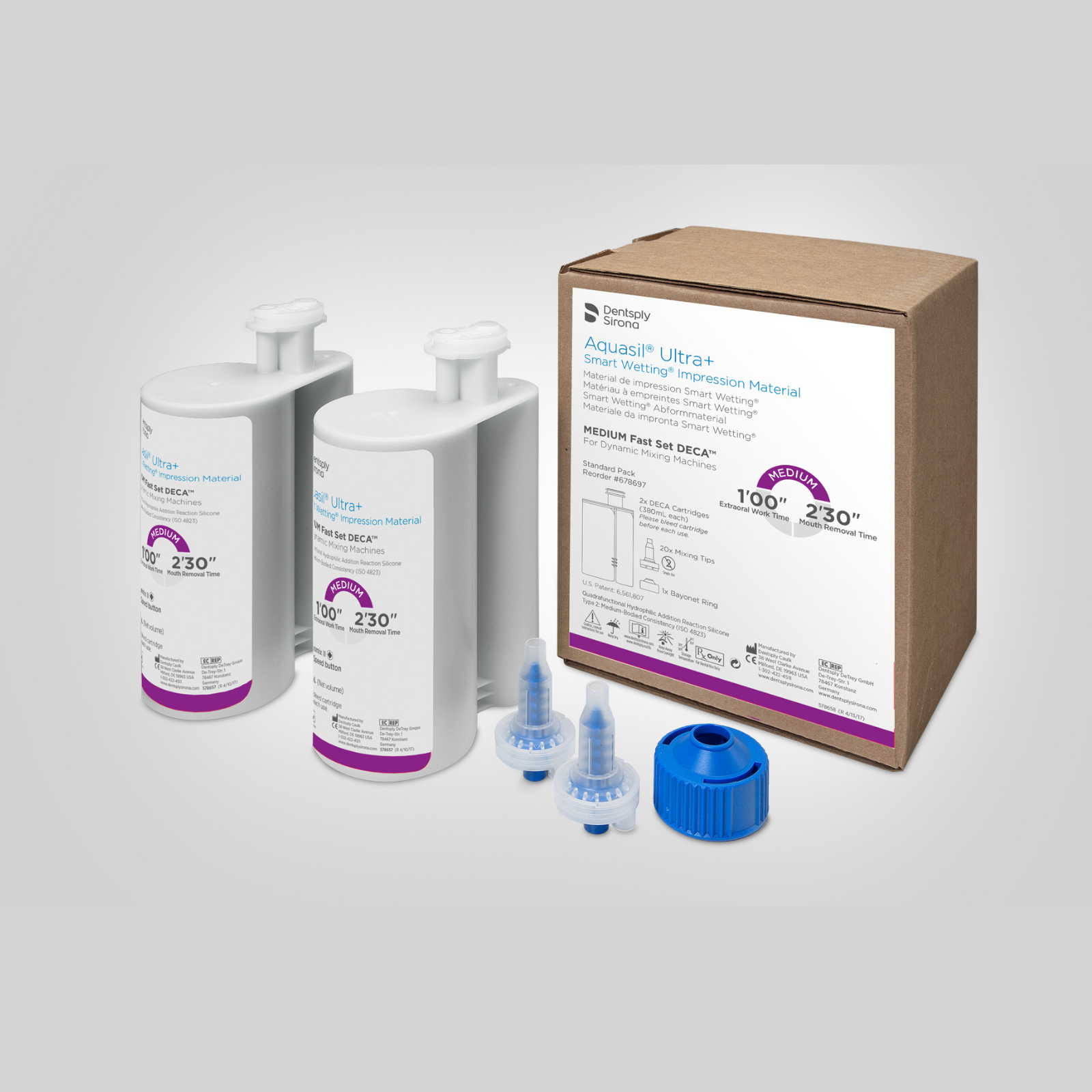 Aquasil Ultra+ DECA VPS Impression Material, Cartridge Refill, Medium Body, Fast Set, 380 ml, Mint, Purple, 2/Pk